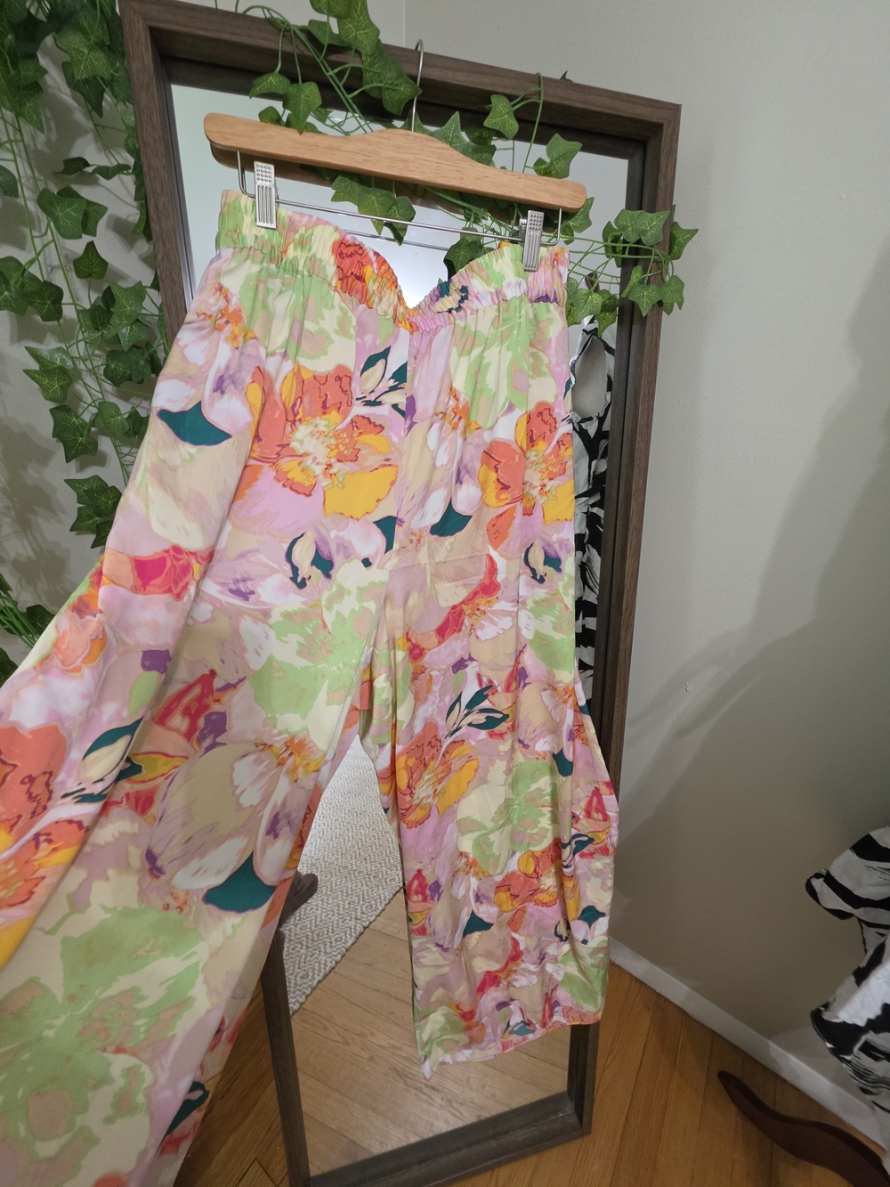 BarIII Floral Wide-Leg Elastic Waist Pants - Pink, Yellow, Green - With Tube Top